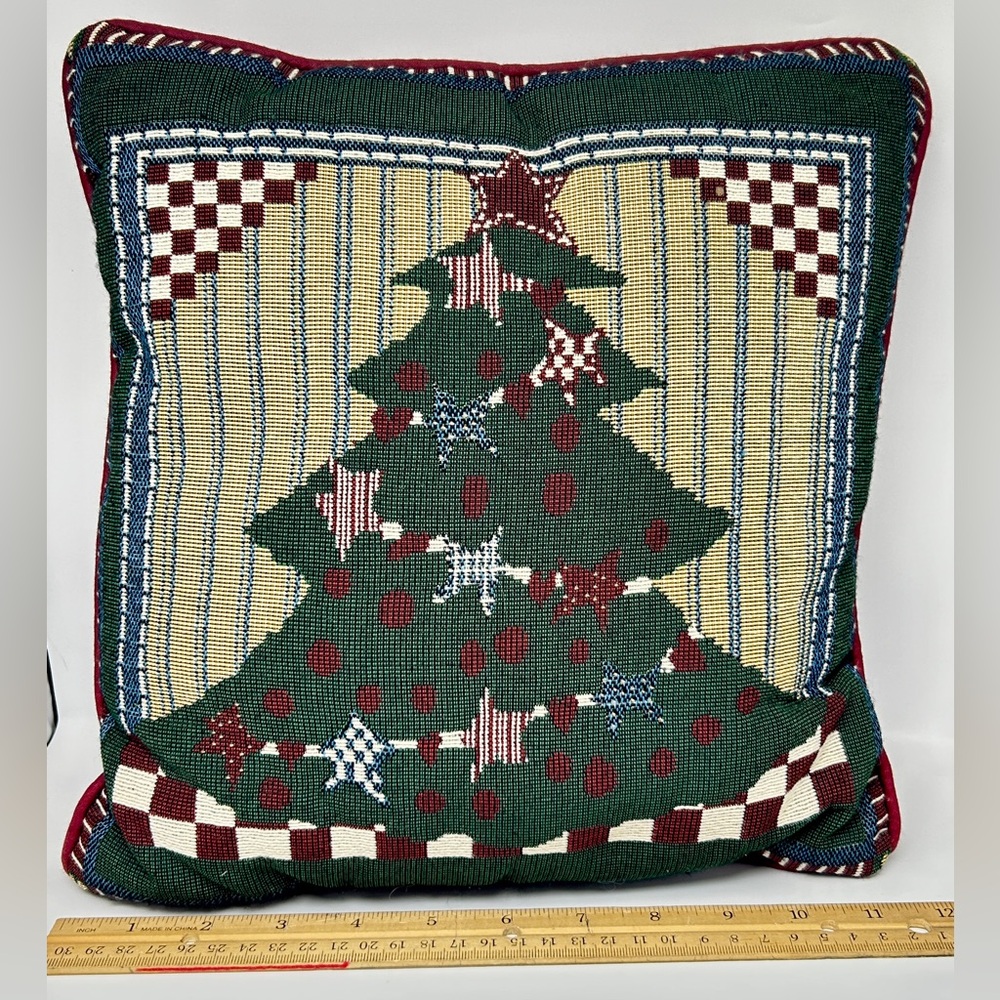 Christmas Tree Tapestry Throw Pillow Checkered Patchwork Design Approx 11 x 11
